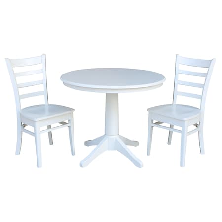 International Concepts Round 36 in Round Top Pedestal Table, with 2 Emily Chairs, White, 36 in W, 36 in L, 28.9 in H, Wood K08-36RT-27B-C617-2